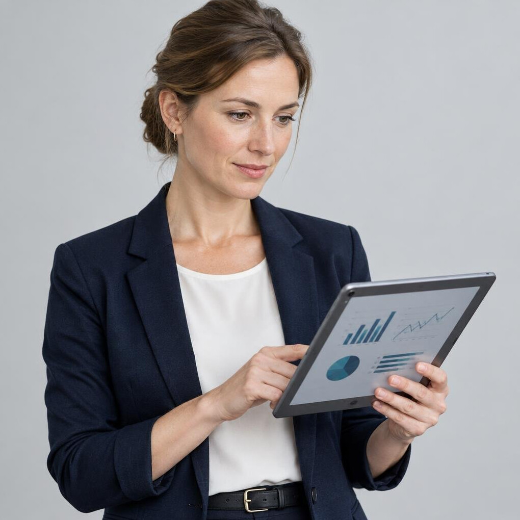 German female data analyst reviewing survey results on a tablet